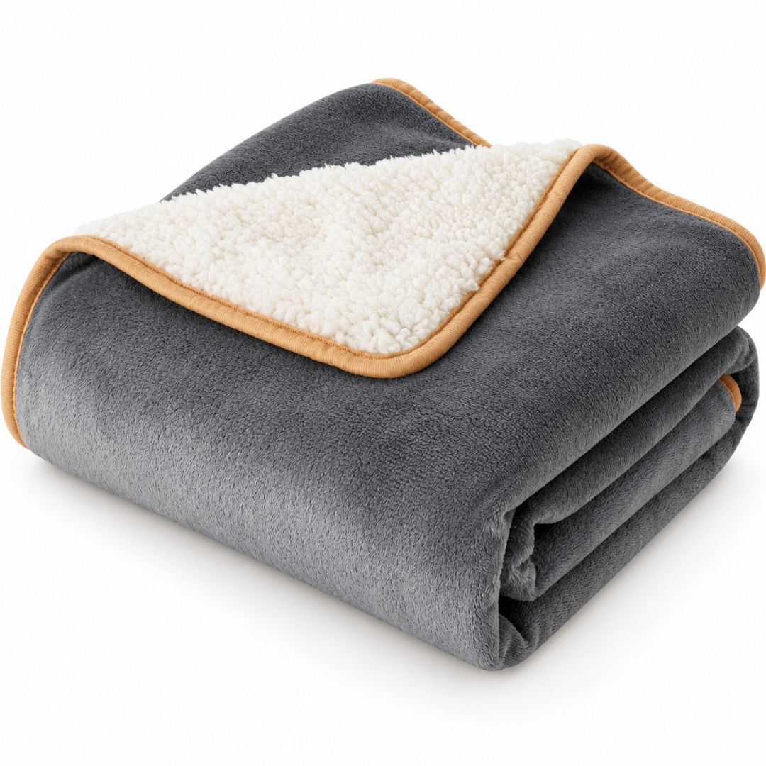 Eine gefaltete, wasserdichte Hundedecke aus grauem Fleece mit flauschigem, cremefarbenem Sherpa-Futter und hellbrauner Einfassung vor einem weißen Hintergrund.