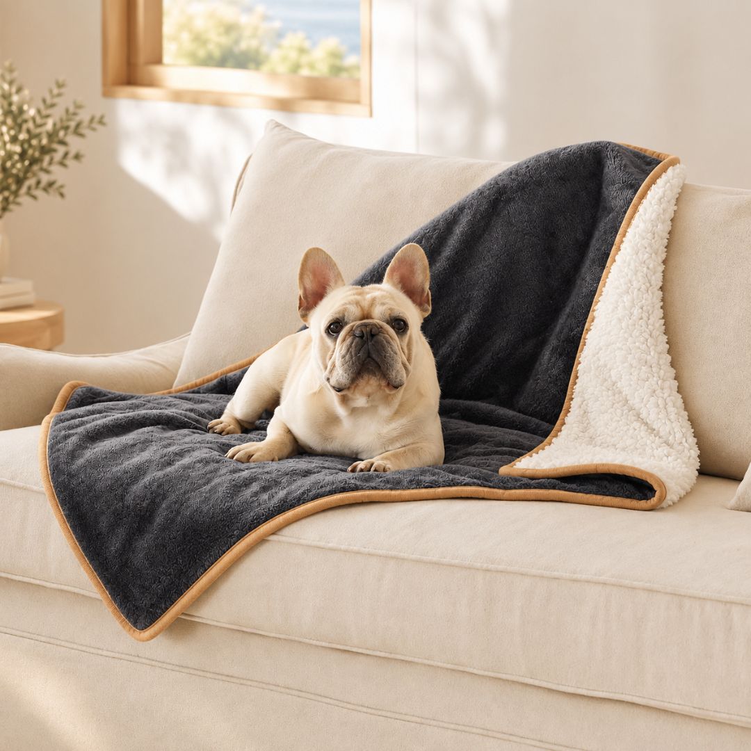Eine cremefarbene Französische Bulldogge liegt auf einer dunkel anthrazitfarbenen Fleece-Haustierdecke – mit cremefarbenem Sherpa-Futter und hellbrauner Einfassung –, die über ein beiges Sofa in einem sonnendurchfluteten Wohnzimmer drapiert ist.