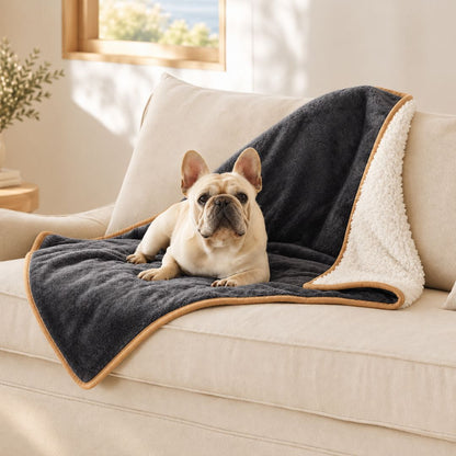 Eine cremefarbene Französische Bulldogge liegt auf einer dunkel anthrazitfarbenen Fleece-Haustierdecke – mit cremefarbenem Sherpa-Futter und hellbrauner Einfassung –, die über ein beiges Sofa in einem sonnendurchfluteten Wohnzimmer drapiert ist.