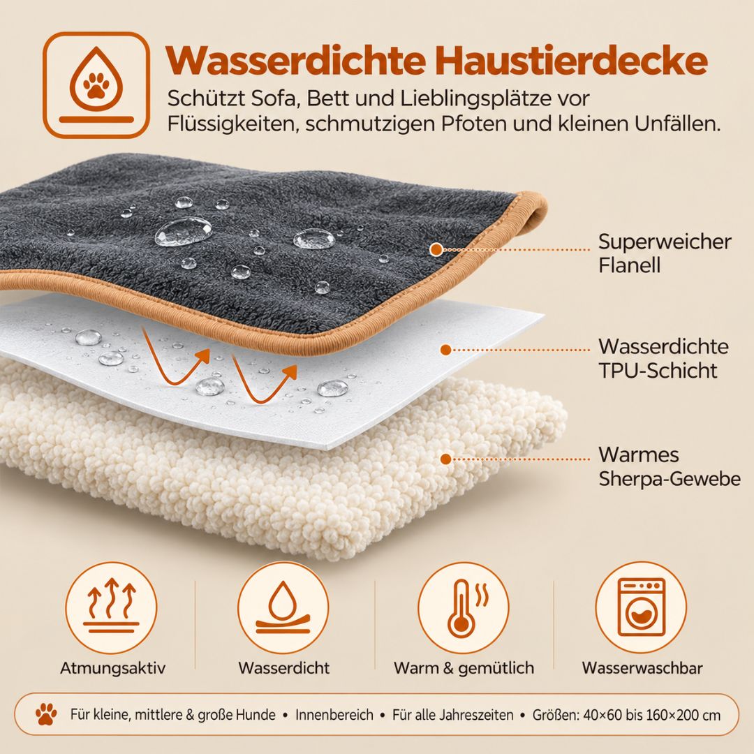 Produktgrafik einer wasserdichten Haustiermatte mit Beschriftung der einzelnen Materialschichten: eine dunkelgraue Plüsch-Oberseite, eine weiße, wasserdichte TPU-Schicht und eine cremefarbene Sherpa-Fleece-Schicht. Ein deutscher Text erläutert den Schutz für Sofa, Bett und Lieblingsplätze des Haustiers; ergänzt wird dies durch Symbole für Atmungsaktivität, Wasserdichtigkeit, Wärmespeicherung und Waschbarkeit.